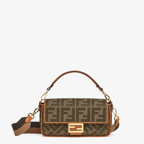 Fendi Roma Amor fabric bag - BAGUETTE | Fendi Green Canvas Bag, Fendi Logo Design, Fendi Store, Fendi Mini, Fendi Logo, Baguette Bag, Fabric Bag, Magnetic Clasp, Fendi Baguette