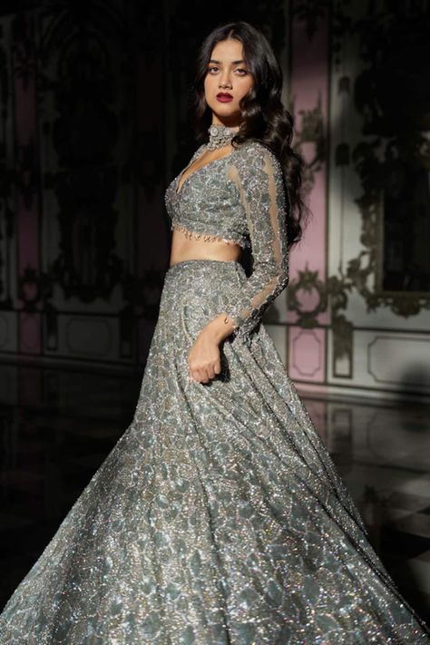 Buy Seema Gujral Silver Net Sequins Embroidered Blouse Lehenga Set Online | Aza Fashions Engagement Couple Dress, Plunging Neckline Blouse, Seema Gujral, Lehenga Pattern, Asian Clothes, Crystal Embroidery, Ball Skirt, Couple Dress, Net Lehenga