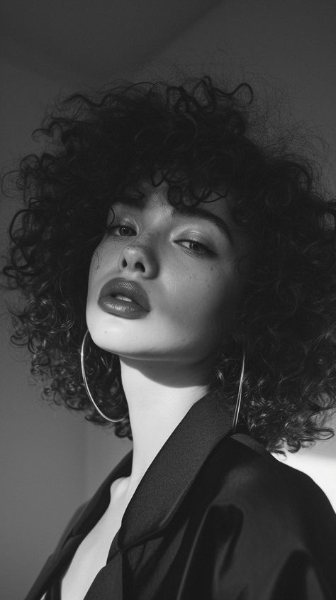 Curly Model Photography, Short Curly Hair Photoshoot, Female Head Poses, Short Hair Portrait Photography, Black And White Close Up Portraits, Female Portrait Photography Poses, Black And White Face Reference, Woman Portrait Photography Faces, Model Facial Expressions