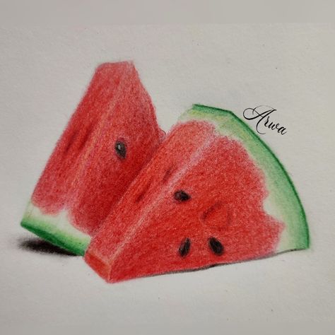 Vegetable Pencil Drawing, Drawing Watermelon, Vegetables Drawing, Watermelon Drawing, Dotted Drawings, Color Pencil Sketch, Watermelon Art, Color Drawing Art, Realistic Drawing