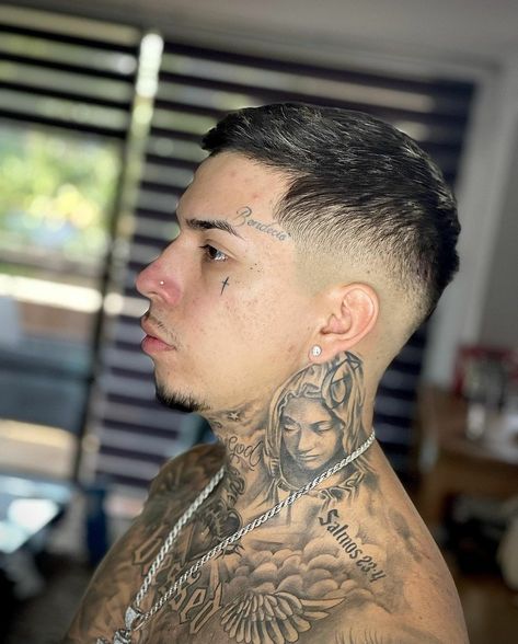 Owl Side Neck Tattoo, Chicano Neck Tattoos, Side Neck Tattoo Men, Throat Tattoo Men, Neck And Throat Tattoos Men, Hood Neck Tattoo For Guys, Neck Tats, Front Neck Tattoo, Side Neck Tattoo