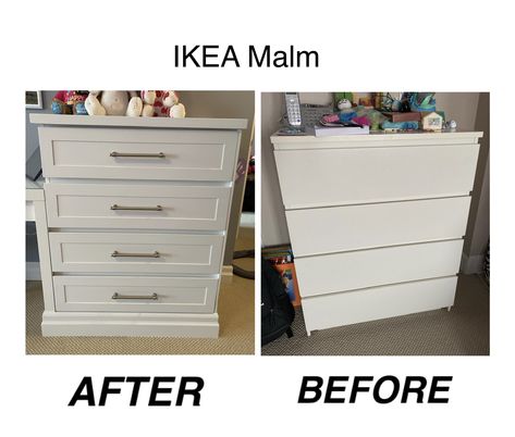 IKEA Malm 4 Drawer Dresser Hack Malm 3 Drawer Chest As Nightstand, Malm 4 Drawer Dresser Hack, Upcycled Ikea Drawers, Upcycle Ikea Drawers, Upcycle Malm Drawers, Malm Chest Of Drawers Hack, Ikea Malm Upcycle, Ikea Malm 4 Drawer Dresser, Songesand Dresser Hack