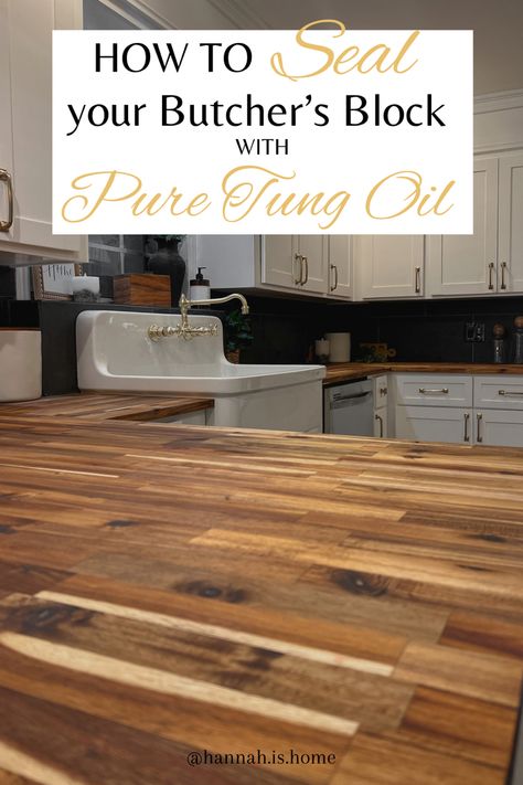 Butchers block countertops are beautiful if you ask me. I had orginally sealed them witn polyurethane but decided that I wanted to refinish them using a more food safe option. After much research, Pure Tung Oil is what I decided to go with. Here is how I refinished my countertops during my kitchen remodel. Butter Block Countertop, Tung Oil Butcher Block, How To Finish Butcher Block Countertops, Sealing Butcher Block Countertops, Butcher Block Stain, Butcher Block Kitchen Countertops, Butcherblock Countertops, Countertop Makeover, Block Countertops