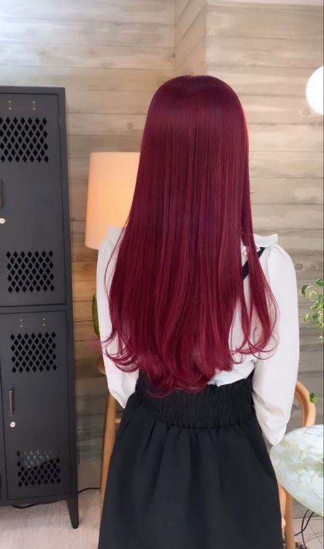 Mulberry Red Hair, Red Hair Dyed Aesthetic, Red Rose Hair Color, Blood Red Hair Color, Berry Red Hair, Cherry Pink Hair, Red Hair Korean, Raspberry Hair Color, Red Burgundy Hair Color