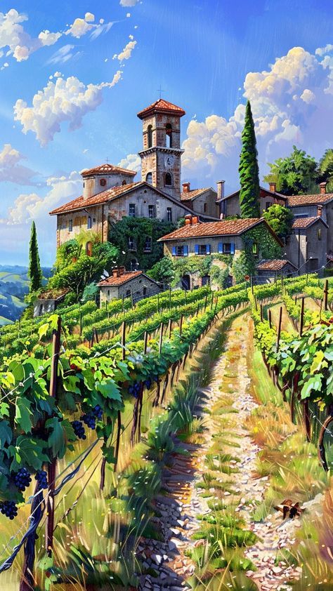 Tuscan Minecraft, Minecraft Vineyard, Vineyard Drawing, Tuscany Illustration, Vineyard Illustration, Old Italy, Tuscany Vineyard, Art Pictures Ideas, Tuscan Vineyard