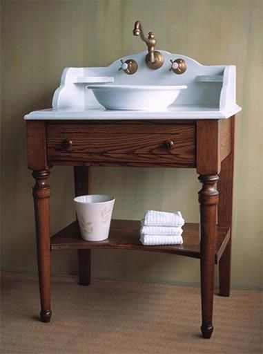 Herbeau Bonne Maman (the Good Mother) traditional wooden washstand with shelf and pull-out top drawer for storage. Fireclay  countertop and choice of brass or china vessel sink. Retro Bathroom, Primitive Bathrooms, Rustic Bathroom Vanities, Rustic Bathrooms, Bathroom Redo, Bathroom Vanity Cabinets, Vintage Bathroom, Rustic Bathroom, Bathroom Cabinets