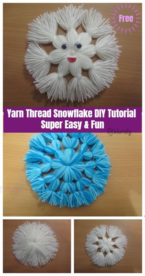 Kids Craft: Yarn Thread Snowflake DIY Tutorial - No Crochet Craft Thread Projects, Easy Yarn Crafts For Kids, Yarn Christmas Crafts, Yarn Snowflakes, Crochet Christmas Coasters, Wool Snowflake, Christmas Yarn Crafts, Yarn Ornaments, Snowflake Diy