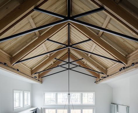 Metal Trusses Ceiling Exposed, California Modern Farmhouse, Modern Farmhouse Renovation, Exposed Trusses, Roof Truss Design, Wood Truss, Metal Beam, Farmhouse Renovation, Home Bunch