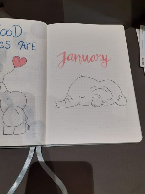 Journal Themes February, Panda Journal Ideas, Elephant Journal Quotes, February Bullet Journal Cover, January Bullet Journal, Cat Bullet Journal, Elephant Theme, Bullet Journal Writing, Bullet Journal Themes