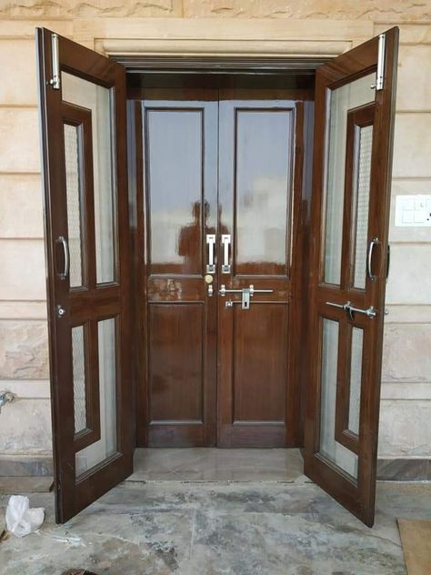 #Double door design PU finishing with double net door beautiful design glossy finishing if you want see more door design you wan't see more other design open my Pinterest profile and follow me on Pinterest Karan Jangid thank you Double Jali Door Design Modern Wooden, Mesh Double Door Design Wooden, Mesh Doors For Main Door, Double Door Jali Design, Jaali Door Design Wooden Double, Double Door Design Wood Jali, Mesh Doors Design For Main Door, Net Door Design Wooden, Mesh Door Design Wooden