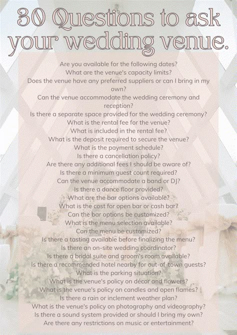 If you are wondering what to ask your wedding venue, we have you covered with our free downladable printable. 30 questions to ask your venue Things To Ask Wedding Venues, Questions To Ask At A Wedding Venue Tour, What To Ask Wedding Venues, Questions To Ask Venue For Wedding, Venue Questions To Ask, Questions For Wedding Venues, Venue Questions, Wedding Venue Questions Checklist, Questions To Ask Wedding Venues