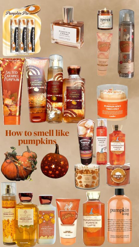 This image displays a collection of pumpkin-themed bath and body products, including lotions, perfumes, body washes, and candles. Brands like Bath & Body Works are featured, with products such as “Pumpkin Swirl Cake,” “Sweet Cinnamon Pumpkin,” “Pumpkin Icing,” and “Marshmallow Pumpkin Latte.” Candles include “Pumpkin Spice Vibes Only” and “Pumpkin Pie.” Decorative pumpkins and a glowing lantern complete the collage, titled “How to smell like pumpkins.” Pumpkin Skincare, Diy Lotion Recipe, Fragrance Aesthetic, Glowing Skin Diy, Lotion Recipe, Pumpkin Scent, Best Lotion, Diy Lotion, Pretty Candle