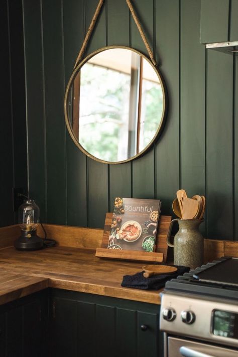 Dark Green Cabinets Kitchen Farmhouse, Dark Green Kitchen Wood Counter, Emerald Green Kitchen Cabinets Butcher Block, Boho Kitchen Butcher Block Counter, Dark Green Kitchen With Butcher Block, Olive Green Country Kitchen, Wood Countertops Green Cabinets, Green Cabinet Wood Countertop, Dark Green Black And Wood Kitchen