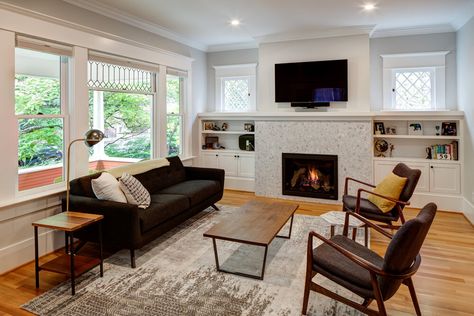 New Windows and Fireplace Built-Ins Transform Living Room White Built Ins, Built In Around Fireplace, Living Room Addition, Fireplace Windows, Craftsman Fireplace, Home Remodels, Family Room Addition, Fireplace Bookshelves, Built In Shelves Living Room