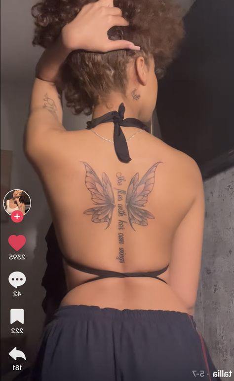 Cute Back Tats Women, Baddie Tats Spine, Spine Tat Black Women, Spine Tattoos For Women With Butterflies, Medium Back Tattoos For Women, Subtle Back Tattoos, Spine Tattoo Add On, Butterfly Tattoo Hip For Women, Back Tattoo Outfit