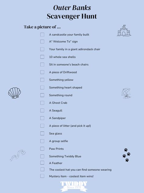 outer banks scavenger hunt 
beach 
outer banks Outer Banks Handshake, How To Have An Outer Banks Summer, Outer Banks With Kids, Map Of Outer Banks, Outer Banks Activities, Outer Banks Vacation, Family Entertainment, Fun Family Activities, Sand Castle