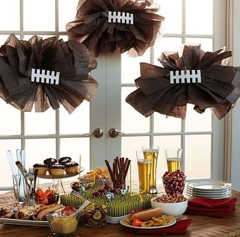 Check out these football decorating ideas for your kickoff party! Indoor Tailgate Party Decorations, Football Diy Decor, Football Tablescape, Football Banquet Ideas, Football Banquet Decorations, Diy Football Party, Tailgate Decor, Football Centerpieces, Tailgate Decorations