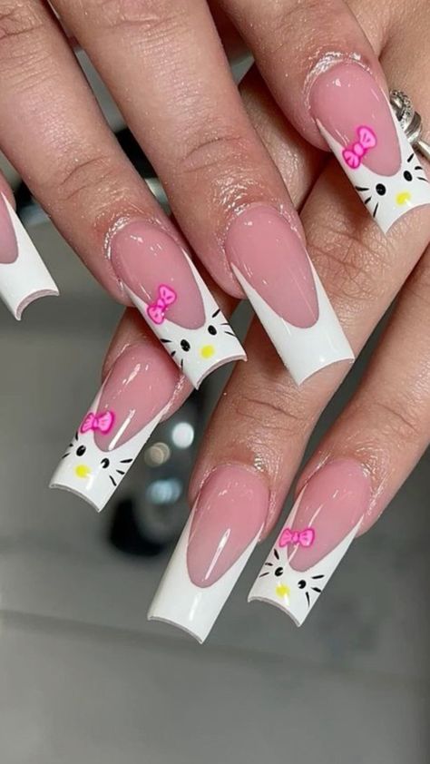 Hello Kitty Nails Art, Kitty Nails, Nail Art For Beginners, Long Nail Designs, Casual Nails, Hello Kitty Nails, Classy Acrylic Nails, Acrylic Nails Coffin Pink, Unique Acrylic Nails