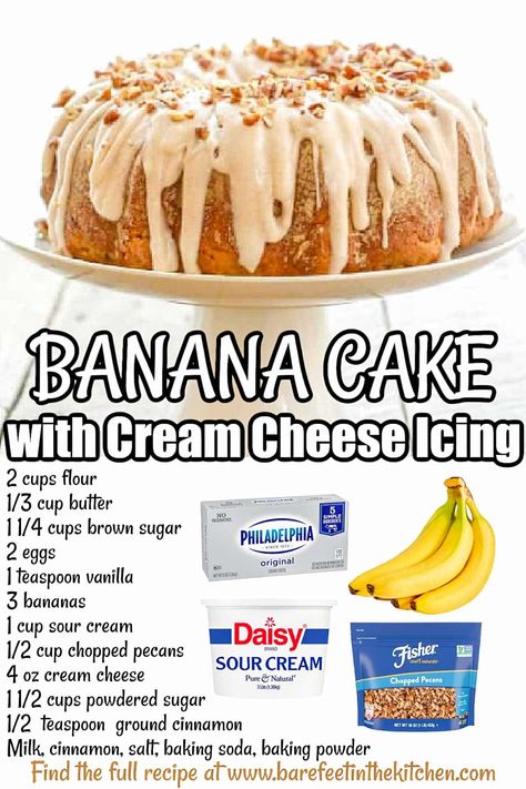 Banana Cake with Cream Cheese Icing - Barefeet In The Kitchen Moist Banana Cake, Sour Cream Banana Bread, Cake With Cream Cheese Icing, Banana Bundt Cake, Banana Bundt, Cake With Cinnamon, Easy Bundt Cake, Peanut Butter Banana Bread, Banana Dessert Recipes