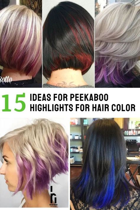 How To Hide Colored Hair For Work, Colorful Professional Hair, Peak A Boo Hair Color Pixie, Hidden Pops Of Color In Hair, Peacock Hair Color Peekaboo, Hair Color Blocking Placement, Peekaboo Hair Color Light Brown, Diy Peekaboo Highlights At Home Tutorial, Peekaboo Hair Color Short Hair