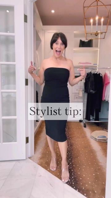 Susie Wright • So Susie on Instagram: "STYLIST TIP: This LBD is worth every penny!! For $125, it’s one you can style so many different ways!! Start with a go-with-everything shoe … then add anything you want on top! All outfit details can be found on www.sosusiewright.com under the Reels Outfits tab OR on my @shop.ltk page! WEARING: ✔️Zara pink shirt ✔️Rag & Bone denim jacket ✔️Reiss blazer ✔️Blank NYC tan jacket ✔️Veronica Beard blazer ✔️Reiss leather jacket #veronicabeard #lbd #normaka Styling A Tube Dress, Black Tube Top Dress Outfit, Strapless Dress With Blazer, Blazer Over Black Dress, Black Dress With Jacket Outfit, Tube Dress With Blazer, Bar Mitzvah Outfit Women, Black Heels Outfit Dressy, Tube Dress Outfit Classy