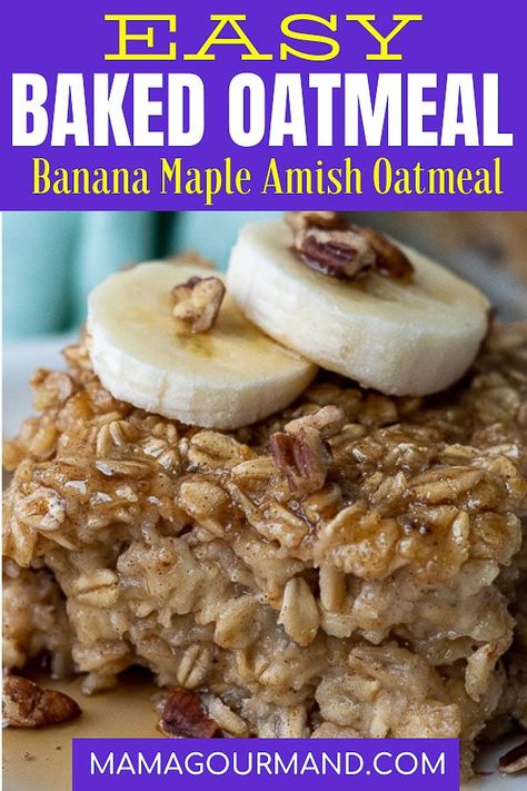 Banana Baked Oatmeal is a comforting and wholesome Amish breakfast casserole made with bananas, oats, and maple syrup. Make it your own baked oatmeal recipe by adding peanut butter, chocolate chips, fruit, or nuts! #bakedoatmeal #bananabakedoatmeal #amishbakedoatmeal #healthy #peanutbutter Baked Oatmeal Casserole, Amish Baked Oatmeal, Easy Baked Oatmeal, Easy Dinner Chicken, Amish Breakfast, Oatmeal Casserole, Amish Breakfast Casserole, Baked Oatmeal Recipe, Banana Baked Oatmeal