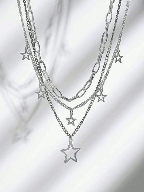 3pcs/Set Silver Star Pendant Necklaces, Trendy Women Stainless Steel Chain Necklace Set Silver Fashionable   Stainless Steel     Women Fashion Jewelry, size features are:Bust: ,Length: ,Sleeve Length: Aethstetic Jewellery, Necklaces Trendy, Silver Star Necklace, Jewelry Chains, Shiny Jewelry, Pretty Jewelry Necklaces, Star Necklace Silver, Stainless Steel Chain Necklace, Star Pendant Necklace