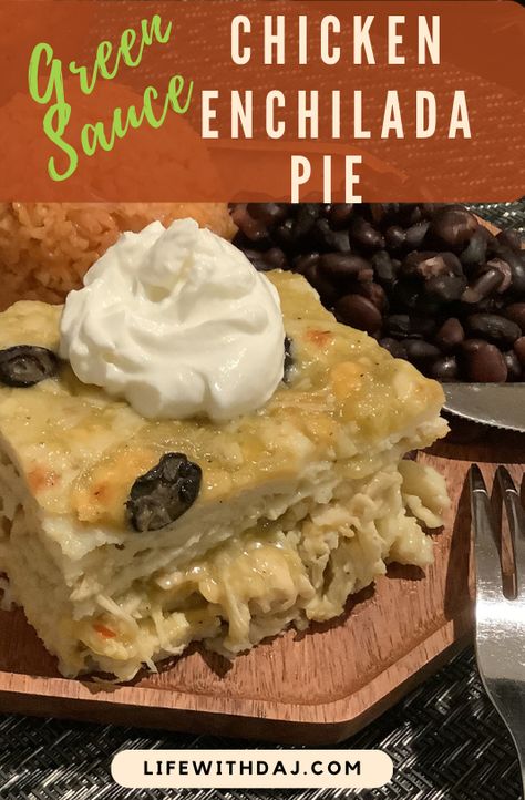 Scrumptious chicken enchilada pie that is easy to make and sure to become a family fav! Get the full recipe on lifewithdaj.com Salsa Verde Enchilada Pie, Chicken Enchilada Pie, Chicken Enchalada, Frito Taco Salad, Salsa Verde Enchiladas, Homemade Spanish Rice, Spanish Rice And Beans, Salsa Verde Chicken Enchiladas, Enchilada Pie