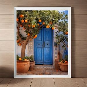 Mediterranean Orange Tree Wall Art, Rustic Blue Door Mosaic and Oranges Print, Italian Kitchen Art, Europe Wall Art Blue Greek Kitchen Decor Oranges Print, Greek Kitchen, Deco Orange, Greek Decor, Mediterranean Art, Italian Posters, Wall Art Rustic, Italian Decor, Orange Decor