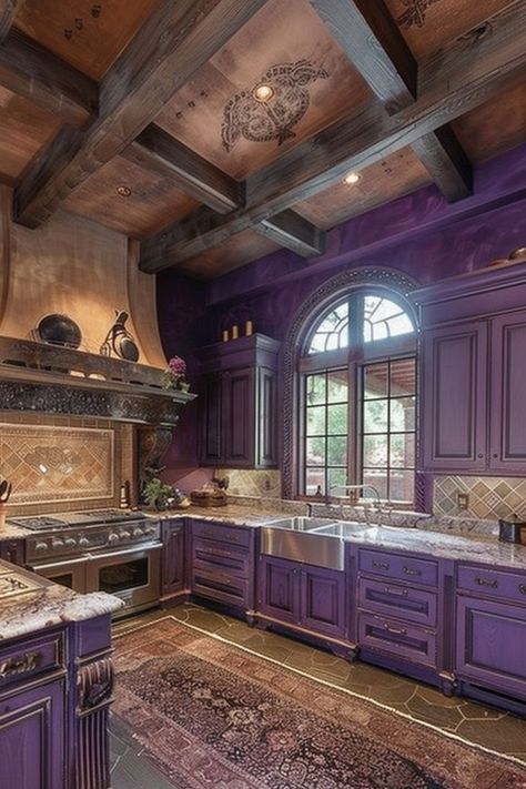 Purple Kitchens, Mixing Modern And Farmhouse, Colorful Boho Kitchen, Purple Kitchen Cabinets, Purple Kitchen Designs, Purple Cabinets, Lavender Walls, Vibrant Kitchen, The Olive Branch