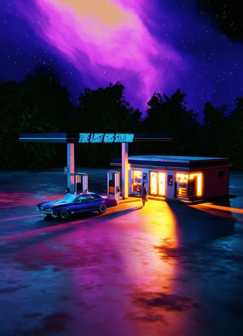 Retro Gas Station, Neon Gas, Cityscape Wallpaper, Trans Art, Isometric Art, Color Inspo, Retro Aesthetic, Photo Reference, Gas Station