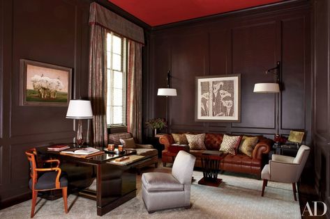 Wall color:  Benjamin Moore's Bittersweet Chocolate New York Townhouse, Old Westbury, Mahogany Desk, Seattle Homes, Traditional Office, White Living, Living Room White, Painted Ceiling, Bittersweet Chocolate