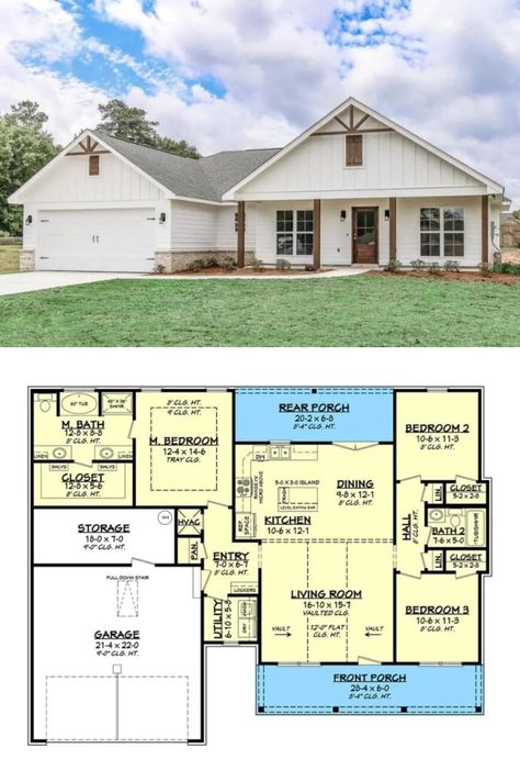 1,400 Sq Ft Country-Style Farmhouse House Plans with 3 Bedrooms and Open Living Space Farmhouse Floor Plans One Story, Farmhouse House Plans, Smart House Plans, Posh Houses, 1500 Sq Ft House, Farmhouse Front Porch, Farmhouse Floor Plans, Farmhouse Flooring, Porch House Plans