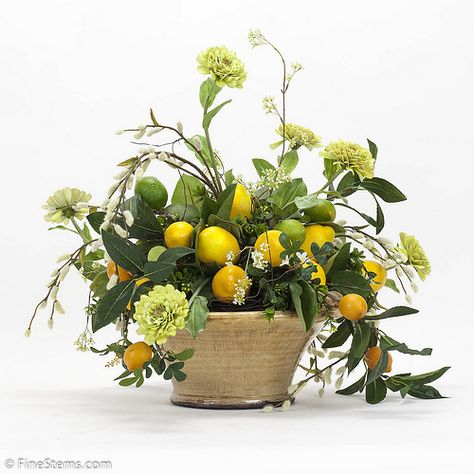 Lemon Arrangement | by finestems Lemon Centerpieces, Flowers And Fruit, Lotus Plant, Lemon Flowers, Beautiful Chickens, Silk Florals, Lemon Decor, Plant Cuttings, Veggie Garden