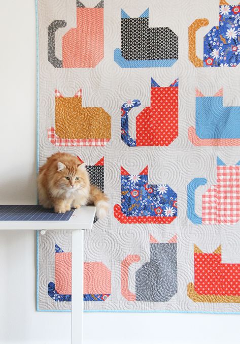 Kitty Cats Quilt - Cat Blocks For Quilt, Cat Quilt Blocks, Cat Quilt Patterns Free, Cat Quilts Ideas, Cat Quilt Block Pattern Free, Chicken Quilt Block, Kitty Quilt, Cats Quilt, Cat Quilt Block