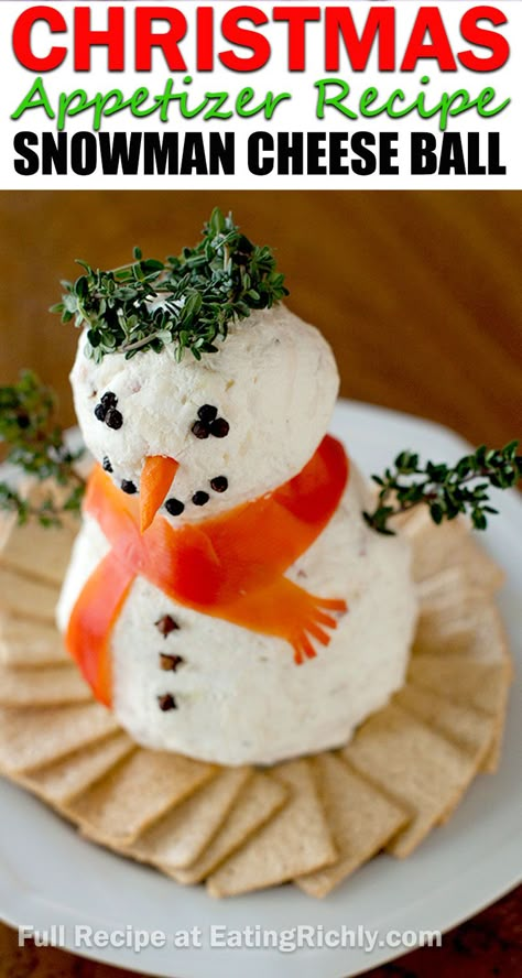 Snowman Cheese Ball Recipes, Cheese Ball Snowman Recipe, Snowman Cheeseball Christmas, Cheeseball Snowman, Cheese Ball Christmas, Christmas Cheeseball, Snowman Recipe, Snowman Cheese Ball, Snowman Cheeseball