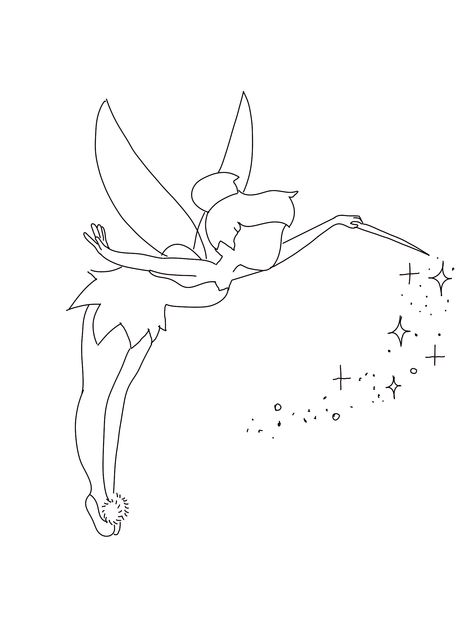 Disney Tattoos Meaningful, Disney Tattoo Stencil Outline, Tiny Tinkerbell Tattoo Ideas, Tinker Bell Drawing, Dainty Tinkerbell Tattoo, Minimal Tinkerbell Tattoo, Tinkerbell Tattoo Outline, Tinker Bell Art, Tinkerbell Tattoo Small Outline