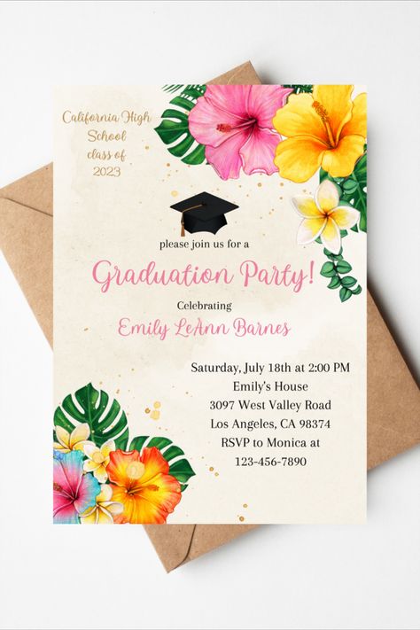 Instant Download | Editable | Tropical Graduation Invitation Tropical Party Invitations, Tropical Graduation Party, Luau Graduation Party, Luau Graduation, California High School, Summer Lesson, Graduation Party Planning, Graduation 2024, Grad Invitations