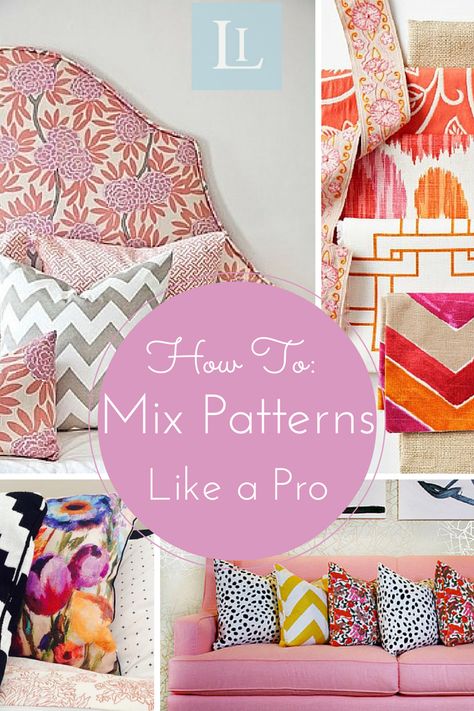 Pattern Playground: How to Mix Patterns in Your Home. Mixing patterns in a space is a great way to add interest, and personality while giving it a true designer look.  Here are a few guidelines to help you avoid a confused and uncoordinated look.  Keep in mind that the various patterns and colors don’t need to be matchy-matchy, they just need to jive well together. #interiordesign #patterns #decor Layering Patterns Decor, Bedding Mixed Patterns, Mixing Wallpaper Patterns In One Room, Bedroom Pattern Mixing, Mixed Patterns Living Room, Mixing Prints Living Room, Mixing Patterns Bedroom, Mix Patterns Decor, Mixing Prints Decor