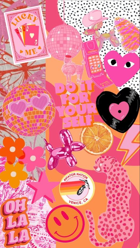 Pink And Orange Collage Wallpaper, Fun Pink Wallpaper, Preppy Illustrations, Preppy Patterns Wallpapers, Photo Wall Photos, Aesthetic Pictures Collage, Paintings Preppy, Pink Retro Aesthetic, Pink Preppy Aesthetic