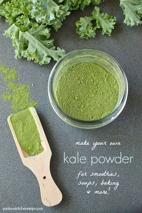 Make your own kale powder for smoothies, soups, baking and more Kale Powder, Air Lemon, Camp Meals, Powder Drink, Greens Powder, Fruit Powder, Dehydrated Vegetables, Dehydrating Food, Dehydrated Foods