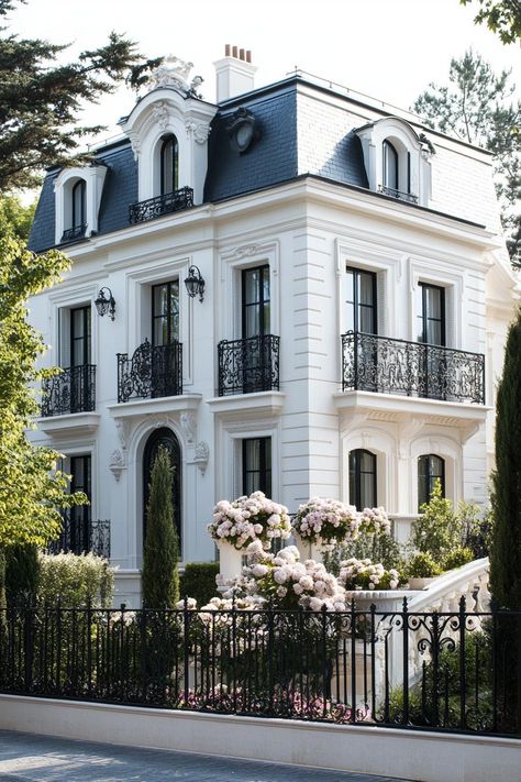 Modern white french mansion with black roof and iron balconies landscape with flowers. Let’s reveal the charming features, quirky details, and luxurious elegance of French mansions. French Home Architecture, Modern Mansion Landscaping, White Classic House, New Money House, French Apartment Exterior, French Villa Exterior, Parisian House Exterior, French Normandy House, Parisian Exterior