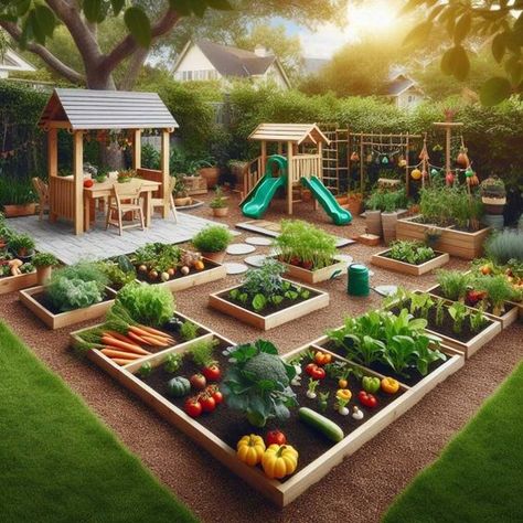 36 Fun and Creative Outdoor Kids Play Area Ideas for Your Backyard » HomeDecorFull Garden With Playground, Backyard Inspiration Kids, Garden And Play Area, Gravel Play Area For Kids, Front Yard Play Area, Kids Play Area Backyard, Kids Play Area Garden, Family Backyard Layout Play Areas, Backyards For Kids