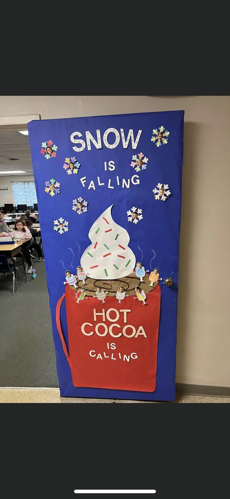 Hot Cocoa Door Decorations Classroom, Infant Christmas Classroom Door, Winter Theme Doors For Preschool, Christmas Bulletin Boards For School Cafeteria, Teacher Winter Bulletin Boards, Sweater Weather Door, Hot Cocoa Bulletin Board Ideas, Hot Chocolate Door Decorations Classroom, Hot Coco Bulletin Board Ideas