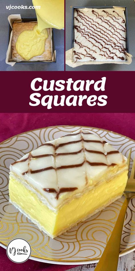 Delightful custard squares made from sheets of puffy pastry filled with a homemade custard then topped with white icing. This nostalgic recipe will transport you right back to childhood bakery visits, or afternoon teas with grandparents. The homemade custard is made from custard powder, sugar, vanilla essence, milk, egg and butter. This impressive looking slice is super easy to make. #vjcooks #custardslice #custard Custard Slices Recipe, Bake Custard Recipe, Cream Slice Recipe, Easy Vanilla Slice, Custard Squares Recipe, Custard Slice Recipe South Africa, Homemade Custard Powder Recipe, Custard Slices With Puff Pastry, Vanilla Slice Recipe Easy