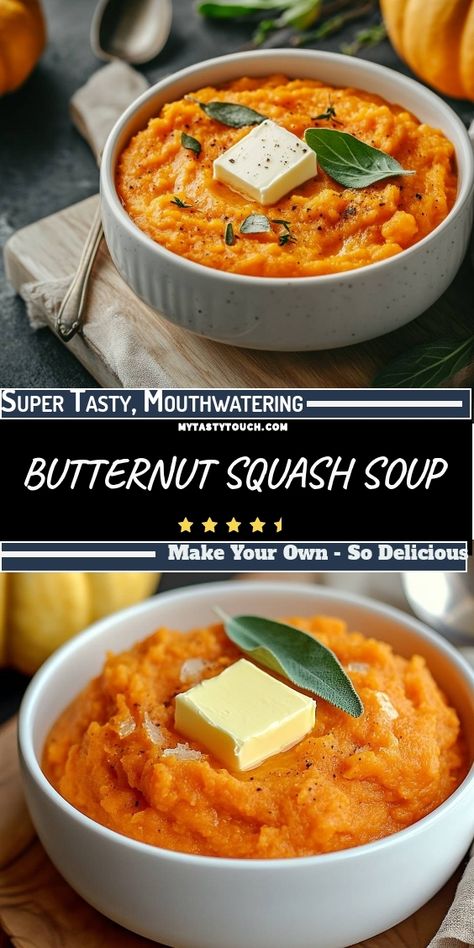 Dive into the warmth of my creamy butternut squash soup! It's rich, velvety, and bursting with flavor. Topped with a pat of butter and fresh herbs, this dish is perfect for cozy nights. Trust me, once you make your own, you'll want to savor it all season long! Corn Squash Soup, Buttercup Squash Recipe, Recipes For Butternut Squash, Squash Soup Butternut, Squash Soup Recipes, Butternut Squash Benefits, Creamy Butternut Squash Soup, Butternut Squash Cinnamon, Buttercup Squash