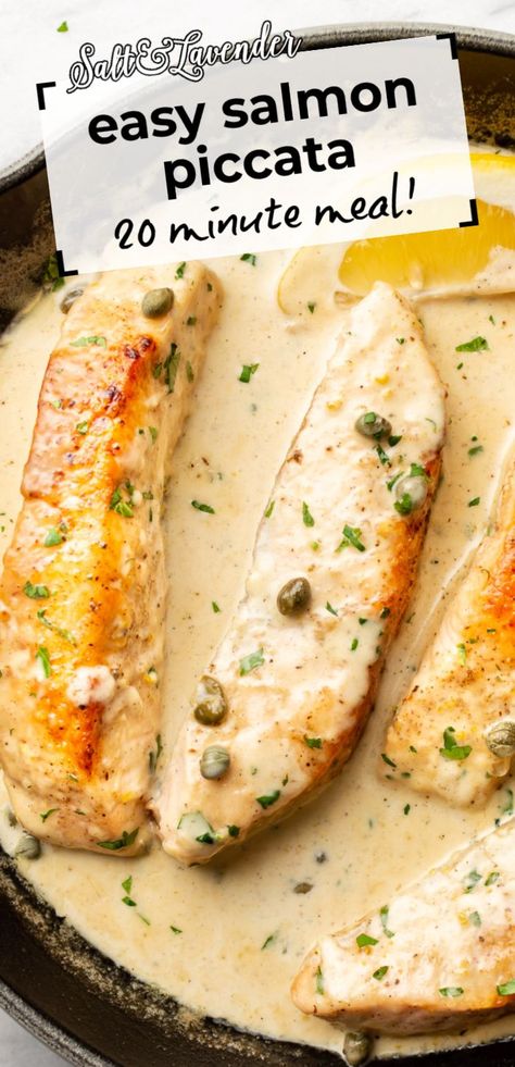 a skillet with four pieces of salmon and text overlay that reads easy salmon piccata - 20 minute meal! Lemon Caper Cream Sauce, Lemon Sauce For Fish, Salmon Piccata Recipe, Caper Cream Sauce, Salmon Sauce Recipes, Salmon With Cream Sauce, Easy Salmon Recipe, Salmon Piccata, Lemon Cream Sauce