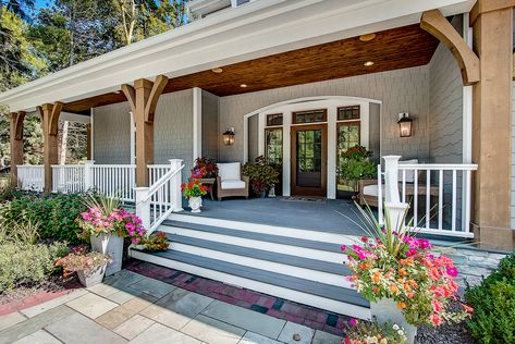 Cedar Pergola Front Porch, White Railing Front Porch, Gray Exterior With Wood Accents, Front Porch Columns With Railing, Gray House With Wood Accents Exterior, Porch With White Railing, Front Porch Railing Designs, White House Porch, Wood Pillars Front Porch