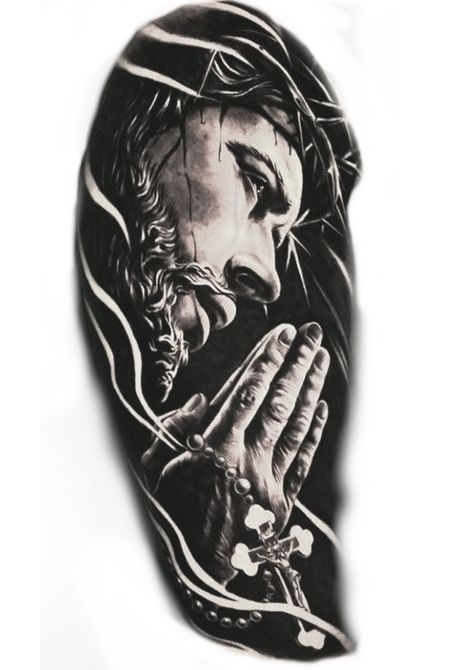 Jesus Praying Tattoo, Arm Tattoo Realistic, Jesus Tattoo On Arm, Jesus Tattoo Sleeve, Jesus Christ Tattoo, Jesus Tattoo Design, Heaven Tattoos, Christ Tattoo, Christian Sleeve Tattoo