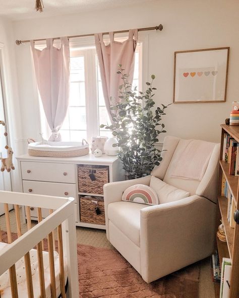 Floral Neutral Nursery, Mauve Floral Nursery, Girly Nursery Ideas Floral, Nursery Ideas For A Girl, White And Wood Nursery, Nude Nursery, Soft Floral Nursery, Nursing Corner, Emma Nursery